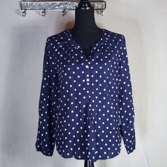 Old Navy Tops - Old Navy Navy Blue White Polka Dot V Neck Pull On Long Sleeve Rayon Top Size S